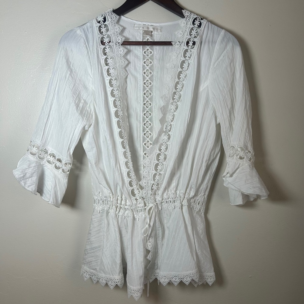 BOSTON PROPER White Lace Crochet Drawstring Peplum Top‎ Blouse Women's M